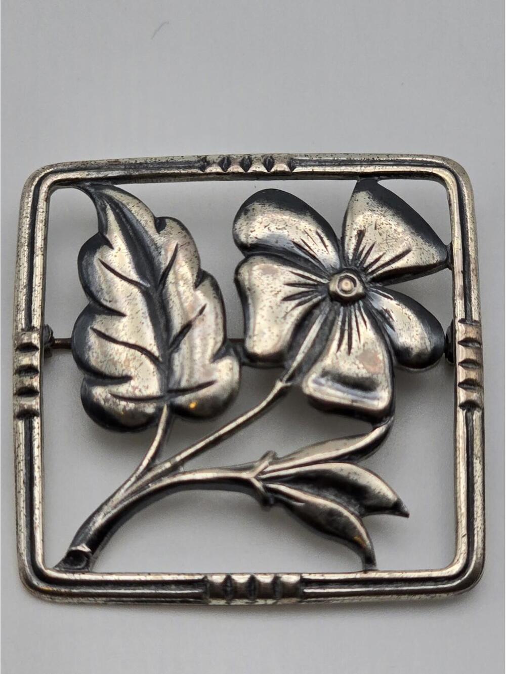 Estate Sterling Silver Floral Brooch Square